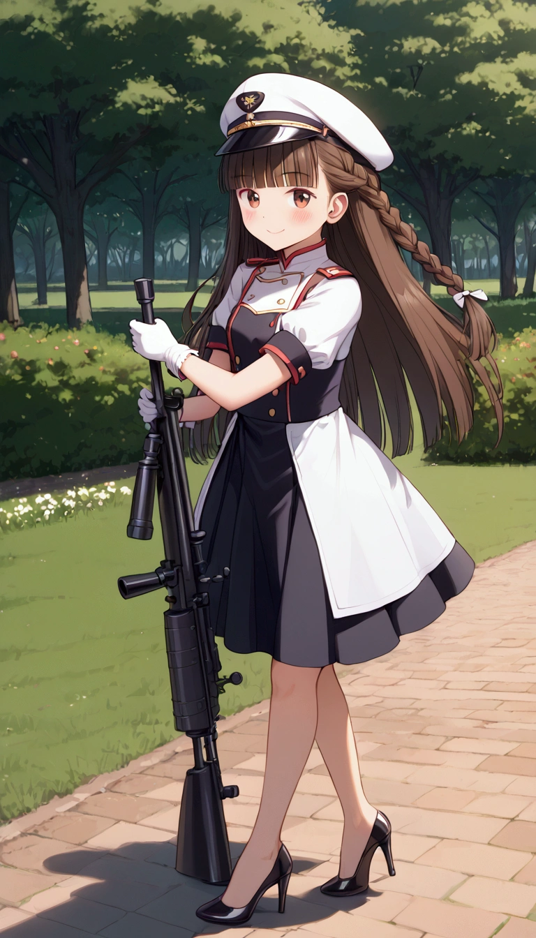{Highest quality}, {Super beautiful},{Ultra fine},{Best illustration},Brown Hair,Hime cut,long hair,Braid,One woman,Standing Woman,Strike a pose,smile,smilingly,Uniform cap,White Shirt,Short sleeve,Long black skirt,White gloves,at the park,Blushing,Slender,Black stiletto heels,barefoot,from the front,holding a sniper rifle in one hand