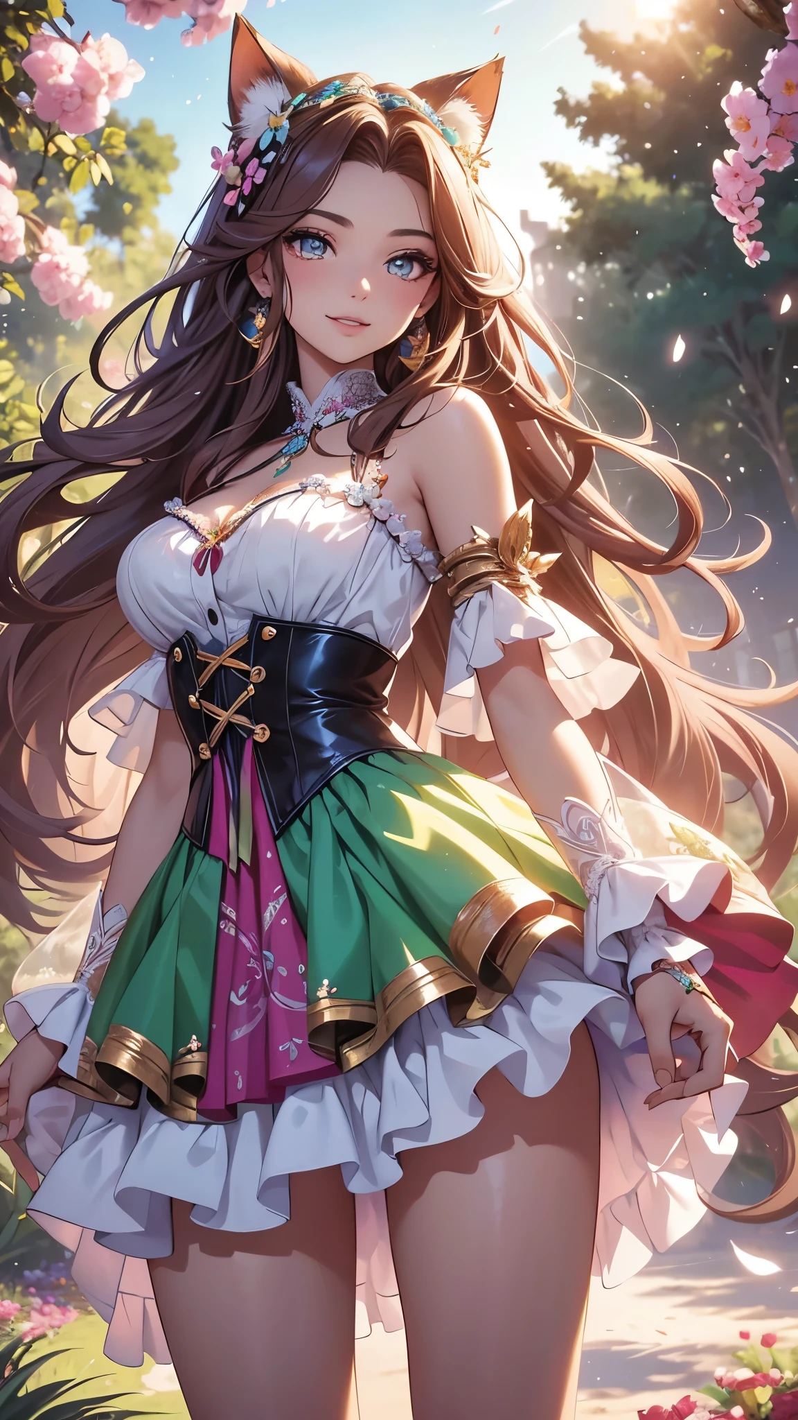 (best quality,4k,8k,highres,masterpiece:1.2),ultra-detailed,(realistic,photorealistic,photo-realistic:1.37),acrylic painting,beautiful Brazilian model in a Lolita dress with downy hair,beautiful Brazilian model with extremely colorful brown hair and detailed facial features,beautiful Brazilian model standing in a beautiful garden surrounded by a starry sky,brown hair,beautiful Brazilian model wearing a vibrant Lolita dress,beautiful Brazilian model with intricate accessories,cat ears,beautiful Brazilian model posing gracefully with her hands on her hips,beautiful Brazilian model with long flowing twintails,beautiful Brazilian model with bright blue eyes and rosy lips,beautiful Brazilian model with a joyful expression,beautiful Brazilian model in a dynamic pose with cherry blossoms falling around her,beautiful Brazilian model surrounded by colorful flowers and butterflies,beautiful Brazilian model's dress adorned with cute bows and lace details,beautiful Brazilian model with an enchanting smile,beautiful Brazilian model with soft, pastel-colored shading,beautiful Brazilian model with a magical glow illuminating her,beautiful Brazilian model in a picturesque setting with a winding path leading to a magnificent castle,beautiful Brazilian model with a fairytale-like background,beautiful Brazilian model with a soft, dreamy atmosphere,beautiful Brazilian model with a subtle bokeh effect,beautiful Brazilian model standing under a sun sky,beautiful Brazilian model with a warm, golden sunset in the background,beautiful Brazilian model surrounded by twinkling stars and colorful nebulae,creating an ethereal and captivating artistic masterpiece. 