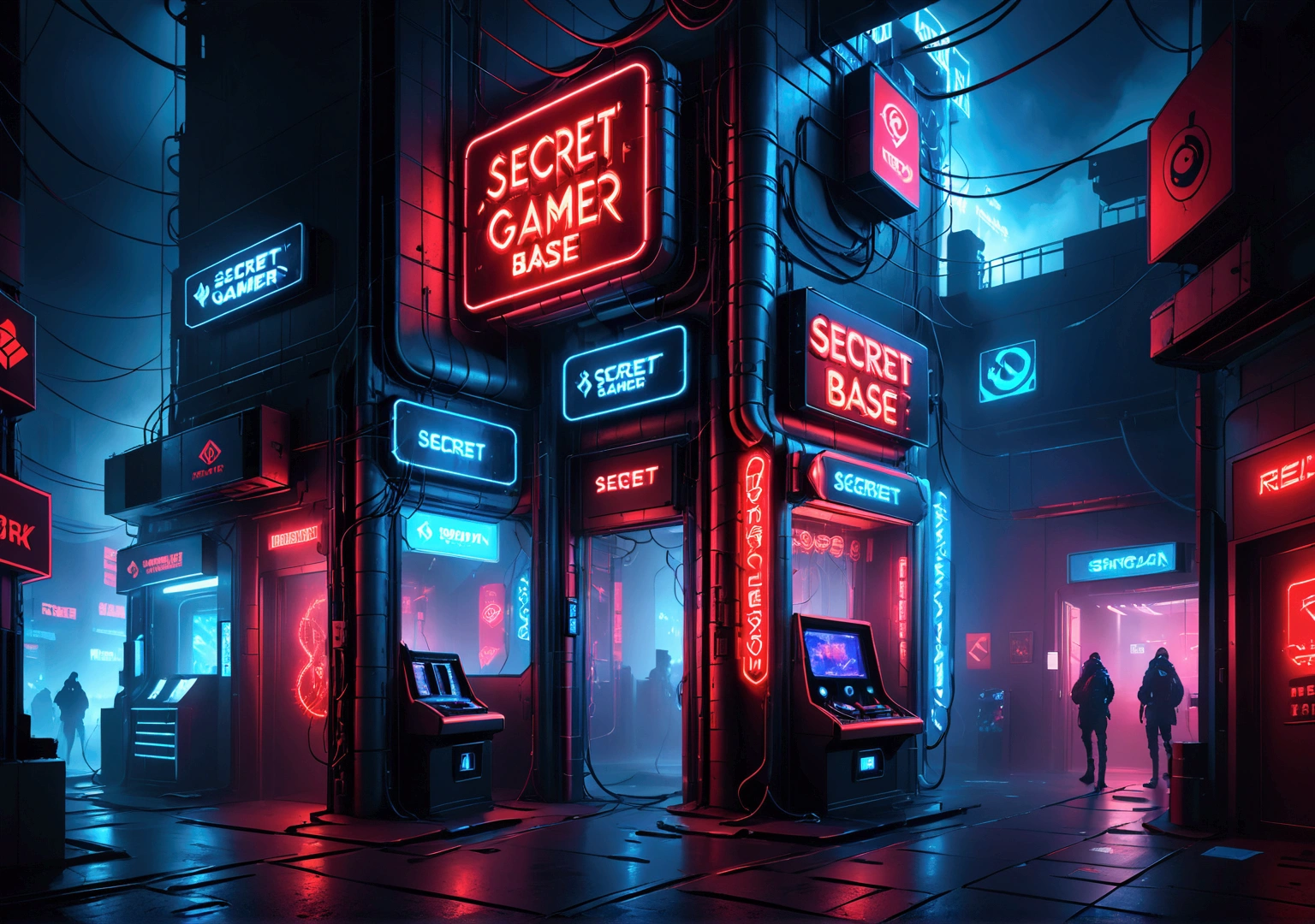 a neon blue and red sign that reads (Secret Gamer Base), intricate neon signage, futuristic cyberpunk setting, dramatic lighting, volumetric fog, highly detailed, 8k, ray tracing, cinematic, moody atmosphere, vibrant colors, dynamic composition, photorealistic