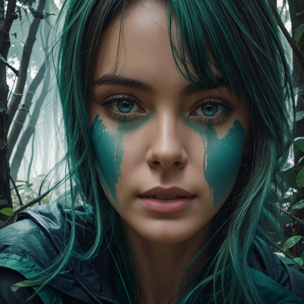 happy girl, centered, looking at the camera, approaching perfection, dynamic, (shades of blue and ((forest green 1.5)))), highly detailed, digital painting, art station, concept art, smooth, sharp focus, illustration, art by Carne Griffiths and Wadim Kashin, detailed face, 4k