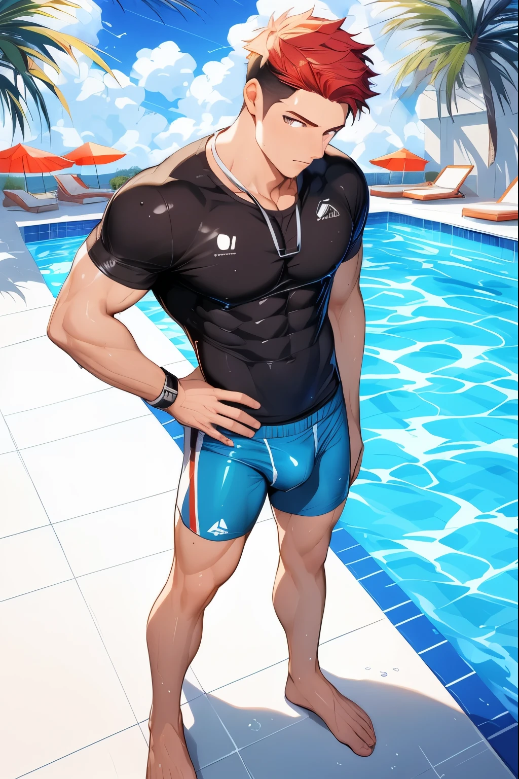 Cartoon man in a swimsuit standing by the swimming pool, Perfect body, muscular!!, is wearing a swimsuit, muscular thighs, swimsuit, Smooth anime CG art, Super charming and cool, Anime handsome man, Cool anime poses, Trendin on Artstation, High resolution commissions, Next to the pool, 逼真的Perfect body, muscular character, muscular!