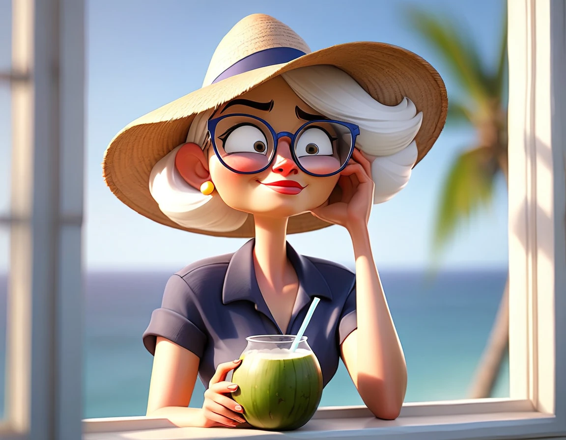 A 50-year-old woman with short white hair, glasses, hat, large breasts, thin waist, wide hips, wearing a blouse, dark blue jeans, drinking coconut water from the coconut itself, looking at the sea through the window in the morning, the sun&#39;s rays shining through the window 