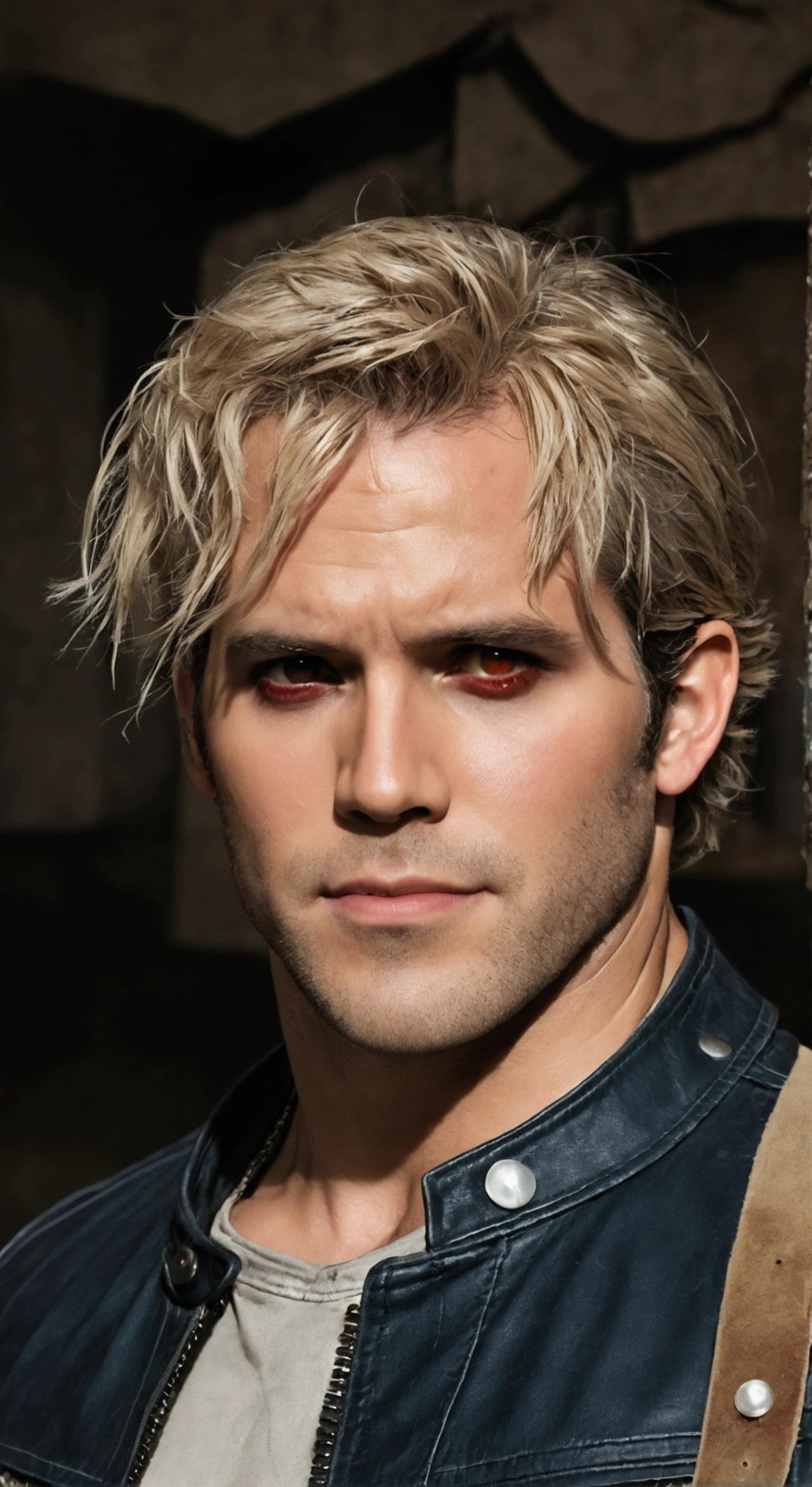 Handsome strong man of toned body, result of the fusion of Ryan Reynolds and Henry Cavill very pale skin almost gray color, crimson red eyes, Dirty, dirty, dirty, red-haired hair, leather jacket with cotton lining, black denim pants and light combat boots, with a dim gaze in the middle of an abandoned temple surrounded by a gloomy aura 