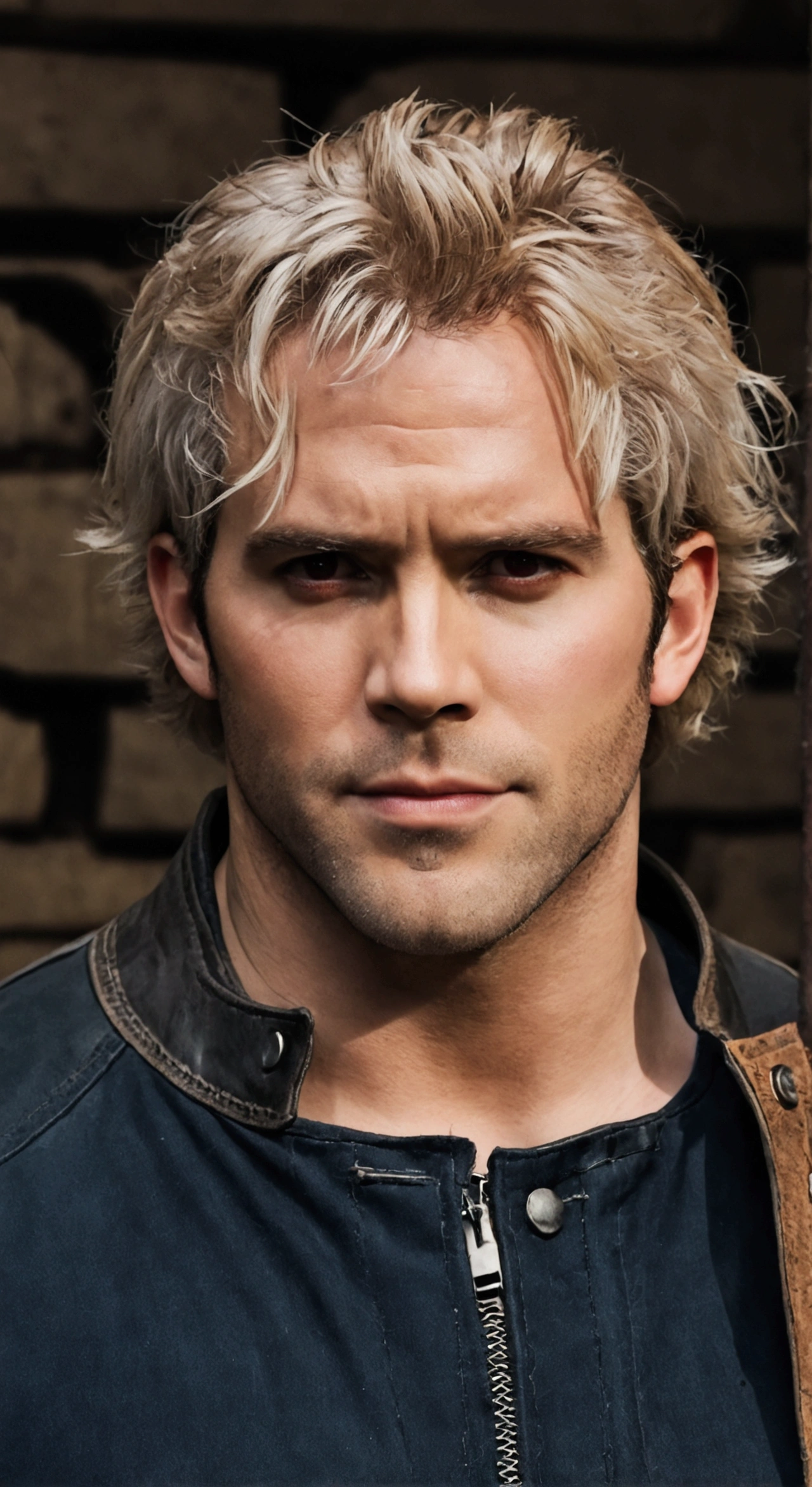 Handsome strong man of toned body, result of the fusion of Ryan Reynolds and Henry Cavill very pale skin almost gray color, crimson red eyes, Dirty, dirty, dirty, red-haired hair, leather jacket with cotton lining, black denim pants and light combat boots, with a dim gaze in the middle of an abandoned temple surrounded by a gloomy aura 