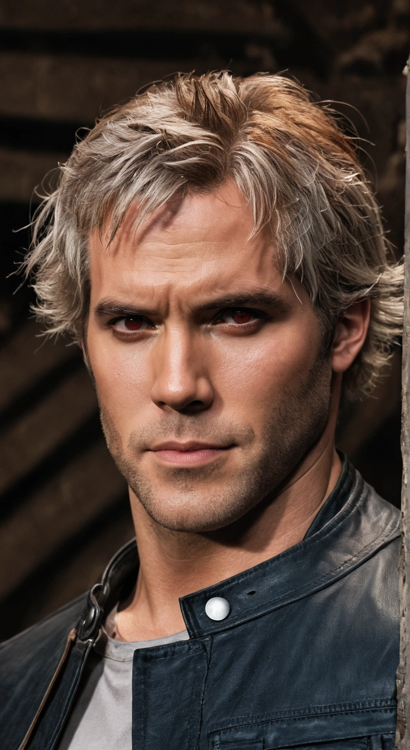 Handsome strong man of toned body, result of the fusion of Ryan Reynolds and Henry Cavill very pale skin almost gray color, crimson red eyes, Dirty, dirty, dirty, red-haired hair, leather jacket with cotton lining, black denim pants and light combat boots, with a dim gaze in the middle of an abandoned temple surrounded by a gloomy aura 