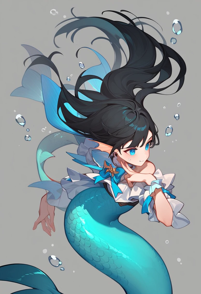 mermaid, black hair, blue eyes ,blue-black fish tail, Middle Ages, Fantasy, The best aesthetics , best quality, Amazing quality, The best aesthetics
