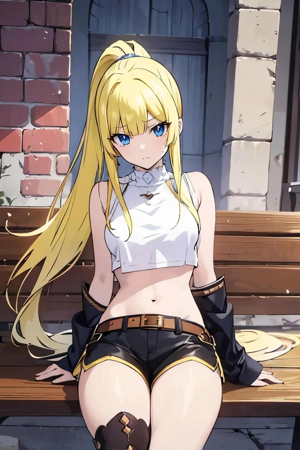 fairy_tail_style, solo, 1 girl, (young female body:1.4), (medium small breasts), golden yellow hair, extra long hair, blunt bangs, crystal blue eyes, very detailed eyes, cowboy shot, detailed eyes, town backgroumd, church, ponytail, yellow hair, adventuer girl, medieval fantasy, medieval clothes, sitting on a bench, short crop top, brown shorts, belt, stockings, boots