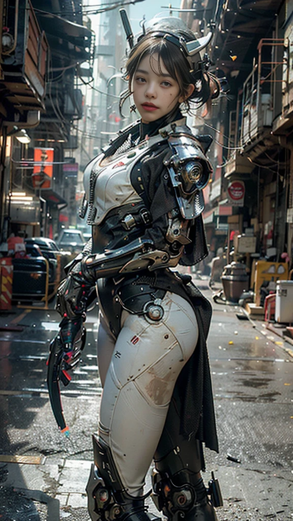 ((best quality)), ((masterpiece)), ((realistic)), (detailed), (photo-realistic:1.5), futuristic girl, (thick body), (white bodysuit), lights on armor, cybernetic headwear, looking at viewer, dynamic pose, post-apocalyptic, destroyed city background, buildings on fire, sci-fi, high resolution, ray tracing, nvidia, super resolution, unreal 5, subsurface scattering, pbr texturing, post processing, anisotropic filtering, depth of field, best sharpness and clarity, rule of thirds, 8k raw, (luminous particles:1.4), (extremely detailed cg, unity 8k wallpaper, 3d, cinematic lighting, lens flare), reflection, sharp focus, cyberpunk art, cyberpunk architecture, moisturized skin, realistic body, (), (girl), earrings, (cute face), vivid colors, bokeh, stimulating atmosphere, unique encounters, playful exchanges, lively crowds, wind blowing,