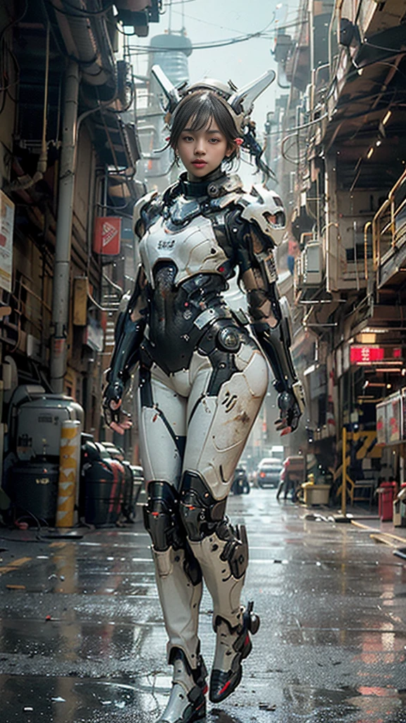 ((best quality)), ((masterpiece)), ((realistic)), (detailed), (photo-realistic:1.5), futuristic girl, (thick body), (white bodysuit), lights on armor, cybernetic headwear, looking at viewer, dynamic pose, post-apocalyptic, destroyed city background, buildings on fire, sci-fi, high resolution, ray tracing, nvidia, super resolution, unreal 5, subsurface scattering, pbr texturing, post processing, anisotropic filtering, depth of field, best sharpness and clarity, rule of thirds, 8k raw, (luminous particles:1.4), (extremely detailed cg, unity 8k wallpaper, 3d, cinematic lighting, lens flare), reflection, sharp focus, cyberpunk art, cyberpunk architecture, moisturized skin, realistic body, (16 years old), (girl), earrings, (cute face), vivid colors, bokeh, stimulating atmosphere, unique encounters, playful exchanges, lively crowds, wind blowing,