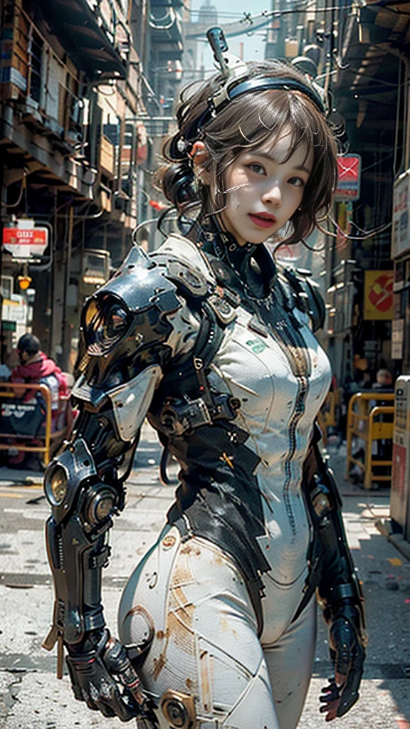 ((best quality)), ((masterpiece)), ((realistic)), (detailed), (photo-realistic:1.5), futuristic girl, (thick body), (white bodysuit), lights on armor, cybernetic headwear, looking at viewer, dynamic pose, post-apocalyptic, destroyed city background, buildings on fire, sci-fi, high resolution, ray tracing, nvidia, super resolution, unreal 5, subsurface scattering, pbr texturing, post processing, anisotropic filtering, depth of field, best sharpness and clarity, rule of thirds, 8k raw, (luminous particles:1.4), (extremely detailed cg, unity 8k wallpaper, 3d, cinematic lighting, lens flare), reflection, sharp focus, cyberpunk art, cyberpunk architecture, moisturized skin, realistic body, (16 years old), (girl), earrings, (cute face), vivid colors, bokeh, stimulating atmosphere, unique encounters, playful interactions, lively crowds, wind blowing, fantastic, dynamic, (selfie), (fisheye lens), neon, cyberpunk movie, cyberpunk city, fight, war, lightning,