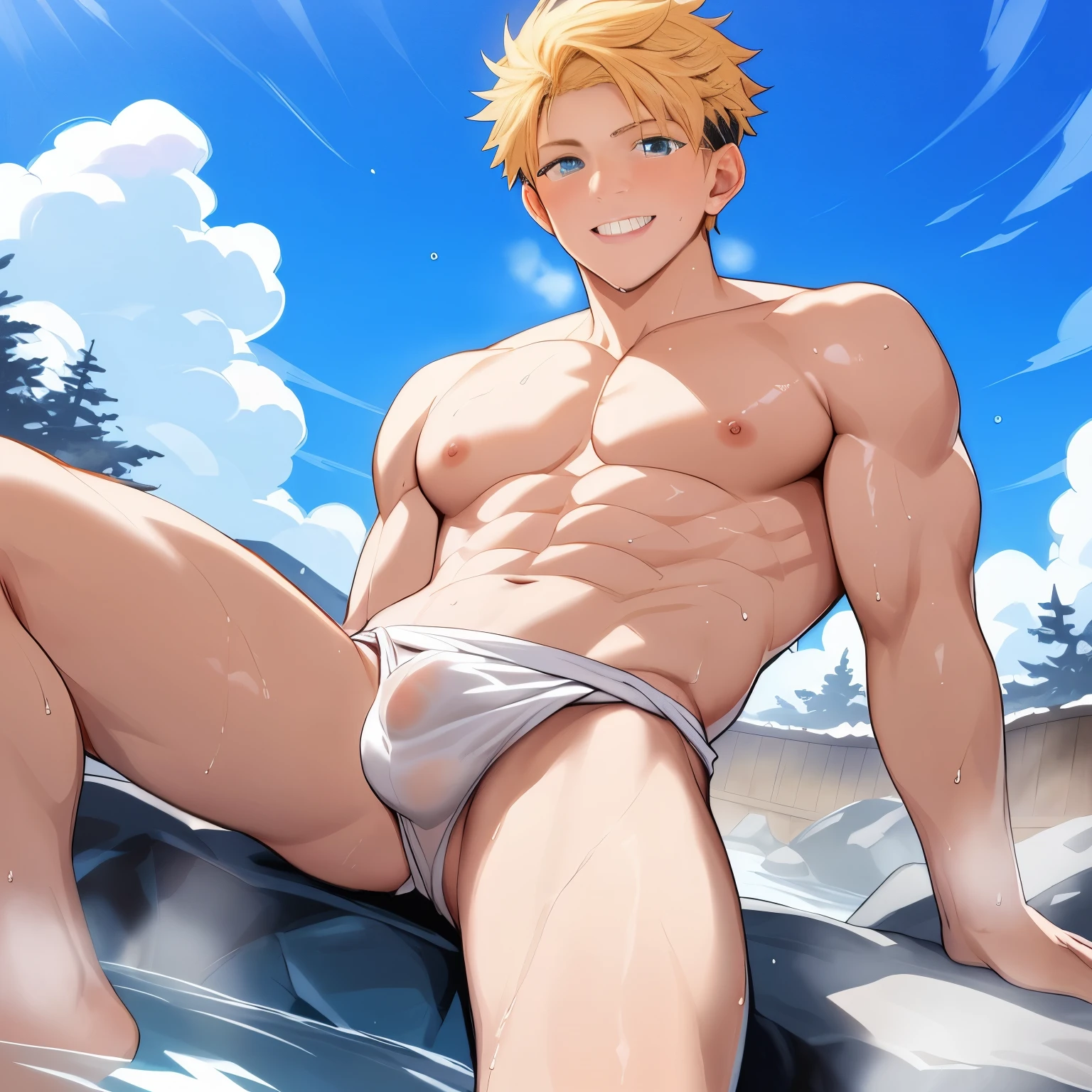 anime guy in a White underwear sitting on a rock in the water, muscular!!, muscular的姿势, Cool anime poses, Sunny and hot, muscular! White, Blonde guy, The handsome guy in Demon Slayer, muscular!, gigachad muscular, Male Art,, SFW version, Fluffy chest, Tall anime man with blue eyes