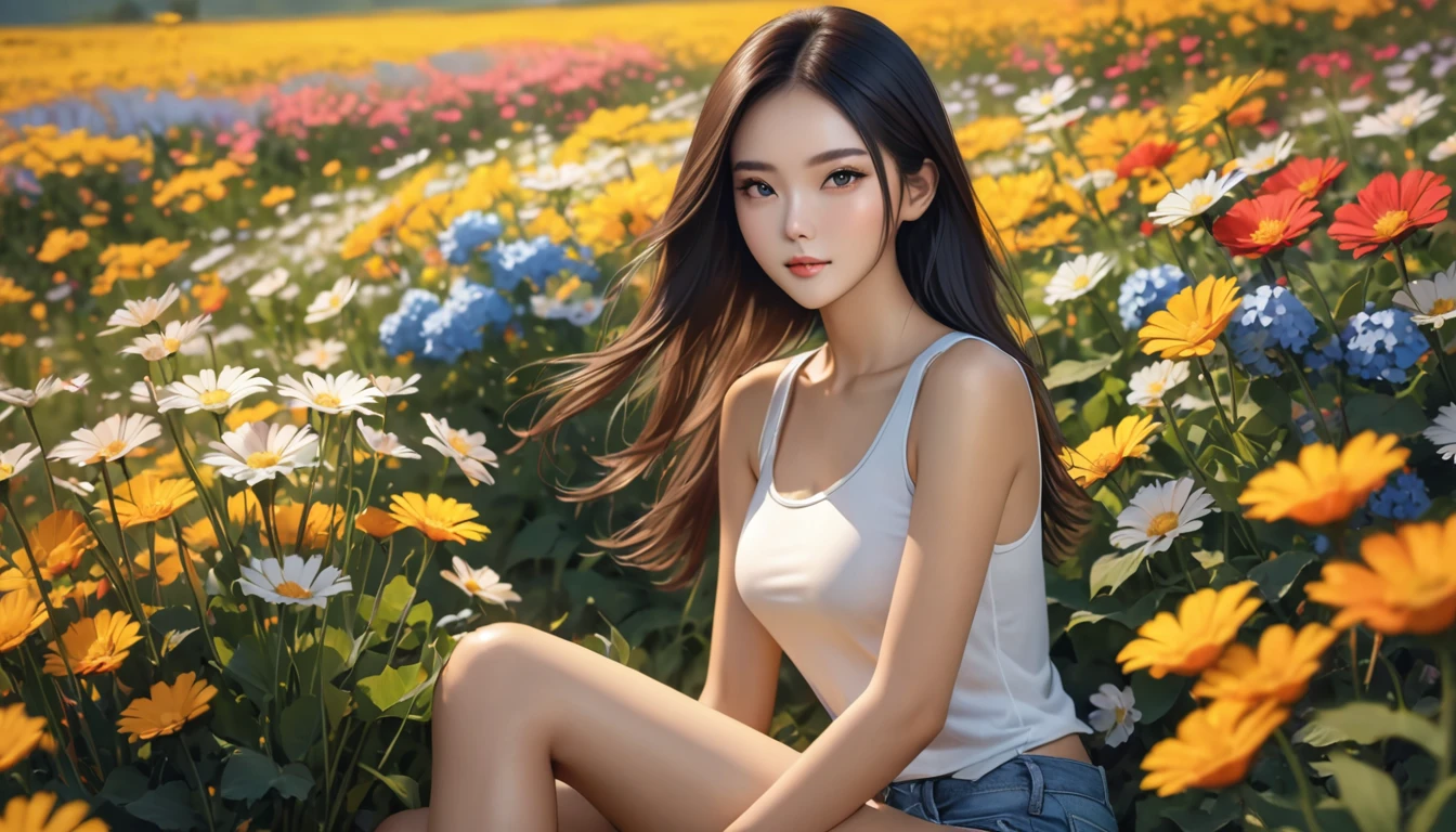 a beautiful woman sitting in a field of flowers, wearing tanktop, realism, photo of slim girl model, yanjun chengt, soft hair, sexy look at the camera, 4k, perfect face, perfect body