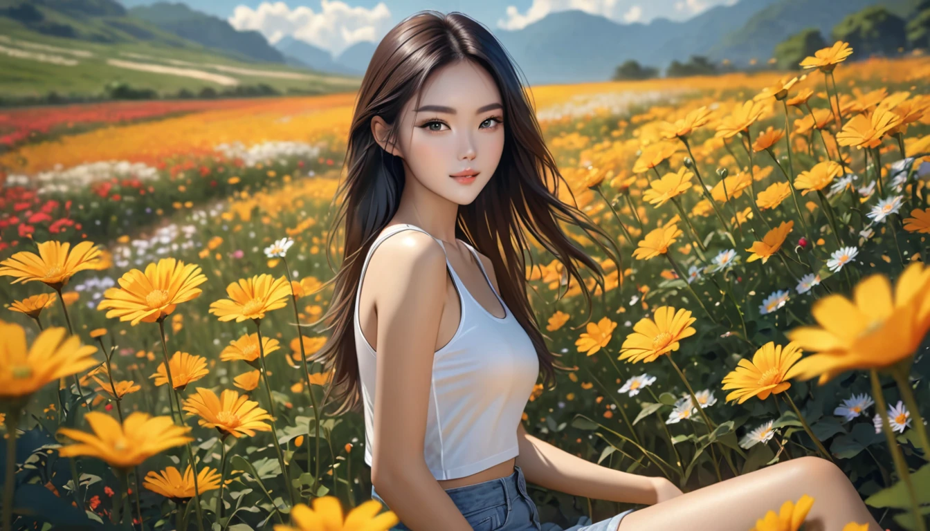 a beautiful woman sitting in a field of flowers, wearing tanktop, realism, photo of slim girl model, yanjun chengt, soft hair, sexy look at the camera, 4k, perfect face, perfect body