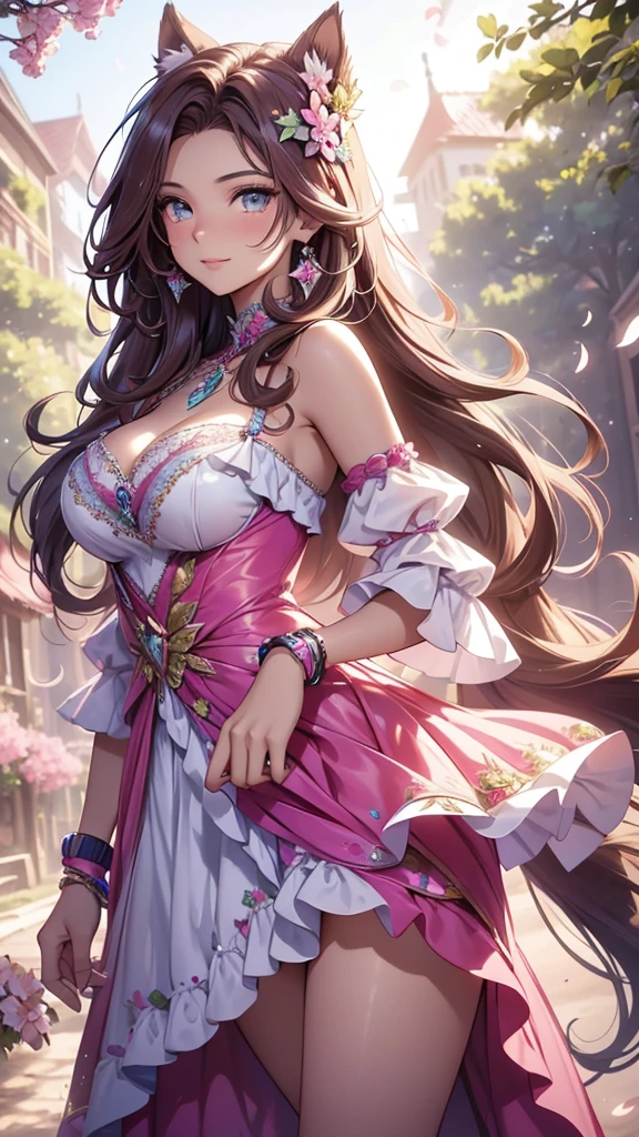 (best quality,4k,8k,highres,masterpiece:1.2),ultra-detailed,(realistic,photorealistic,photo-realistic:1.37),acrylic painting,beautiful Brazilian model in a ta dress with downy hair,beautiful Brazilian model with extremely colorful brown hair and detailed facial features,beautiful Brazilian model standing in a beautiful garden surrounded by a starry sky,brown hair,beautiful Brazilian model wearing a vibrant pink and teal Loliress,beautiful Brazilian model with intricate accessories,cat ears,beautiful Brazilian model posing gracefully with her hands on her hips,beautiful Brazilian model with long flowing twintails,beautiful Brazilian model with bright blue eyes and rosy lips,beautiful Brazilian model with a joyful expression,beautiful Brazilian model in a dynamic pose with cherry blossoms falling around her,beautiful Brazilian model surrounded by colorful flowers and butterflies,beautiful Brazilian model's dress adorned with cute bows and lace details,beautiful Brazilian model with an enchanting smile,beautiful Brazilian model with soft, pastel-colored shading,beautiful Brazilian model with a magical glow illuminating her,beautiful Brazilian model in a picturesque setting with a winding path leading to a magnificent castle,beautiful Brazilian model with a fairytale-like background,beautiful Brazilian model with a soft, dreamy atmosphere,beautiful Brazilian model with a subtle bokeh effect,beautiful Brazilian model standing under a sun sky,beautiful Brazilian model with a warm, golden sunset in the background,beautiful Brazilian model surrounded by twinkling stars and colorful nebulae,creating an ethereal and captivating artistic masterpiece.
