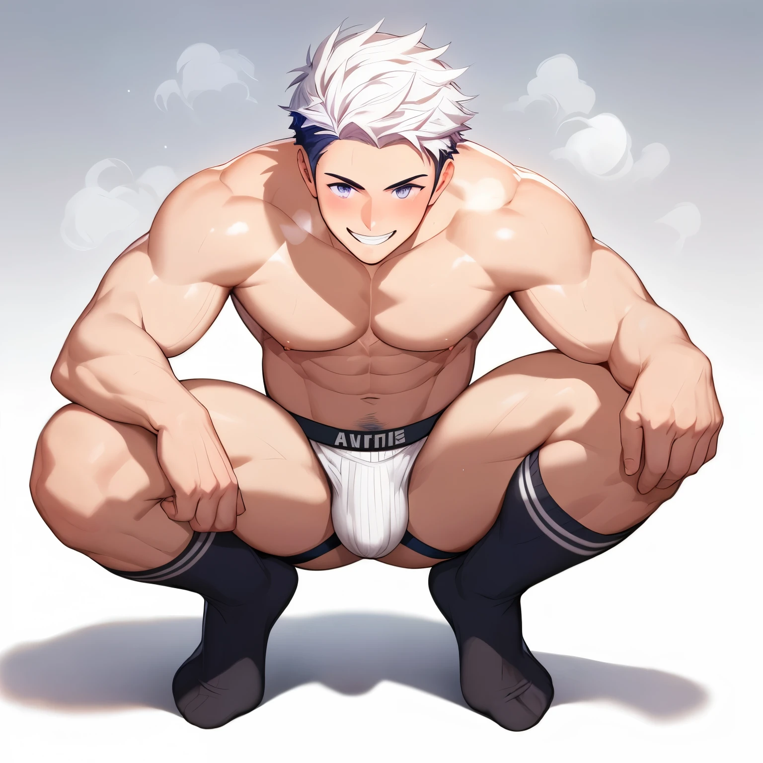 anime guy with White hair and no shirt sitting on his knees, muscular! White, muscular!!, muscular!, muscular的姿势, gigachad muscular, muscular!!!, male anime character, Cool anime poses,  The strongest posture, White haired, OPPEIN, Tall anime man with blue eyes, Male Art, White-haired
