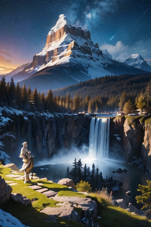 (masterpiece, figure, Highest quality, detailed,High resolution:1.4), In the distance, colorful, Vibrant, wealthy, Volumetric lighting, Contrast, , From afar, Depth of written boundary , scenery, Landscape painting, Concept Art, Intricate details, Stylized, , Cloudy, Moonlit night starry sky, Fantasy, Cities of the ancient kingdom [Colosseum,sacred,cathedral] scenery, snow, waterfall, , Blooming tree々、Grass、flower ,  Rocky Mountains and forest snow in the background ,    , (Fantasy魔法:1.4)