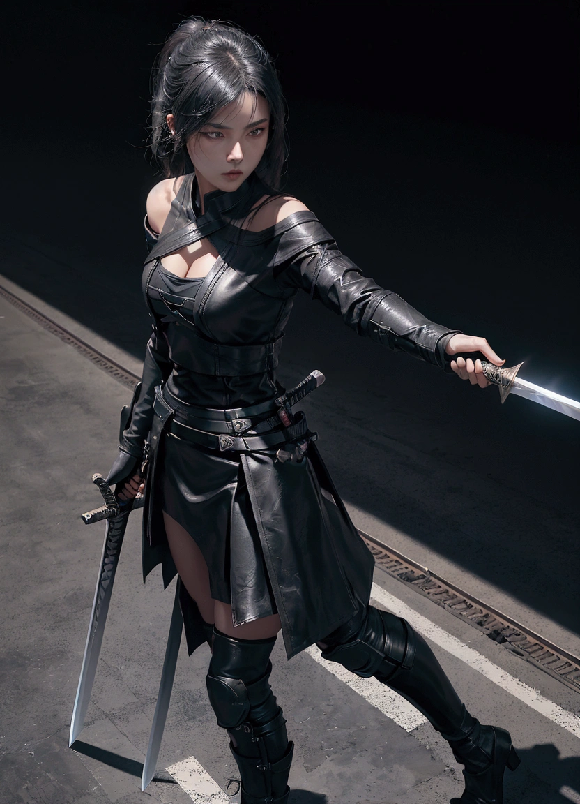 masterpiece, ultra high res, photorealistic, a assassin Girl, wear off shoulder black leather suit, wear black leather skirt, holding a samurai sword, standing in the shadow of a concrete pole in dark subway train station, assassin pose, low light, shadow effect, photorealism