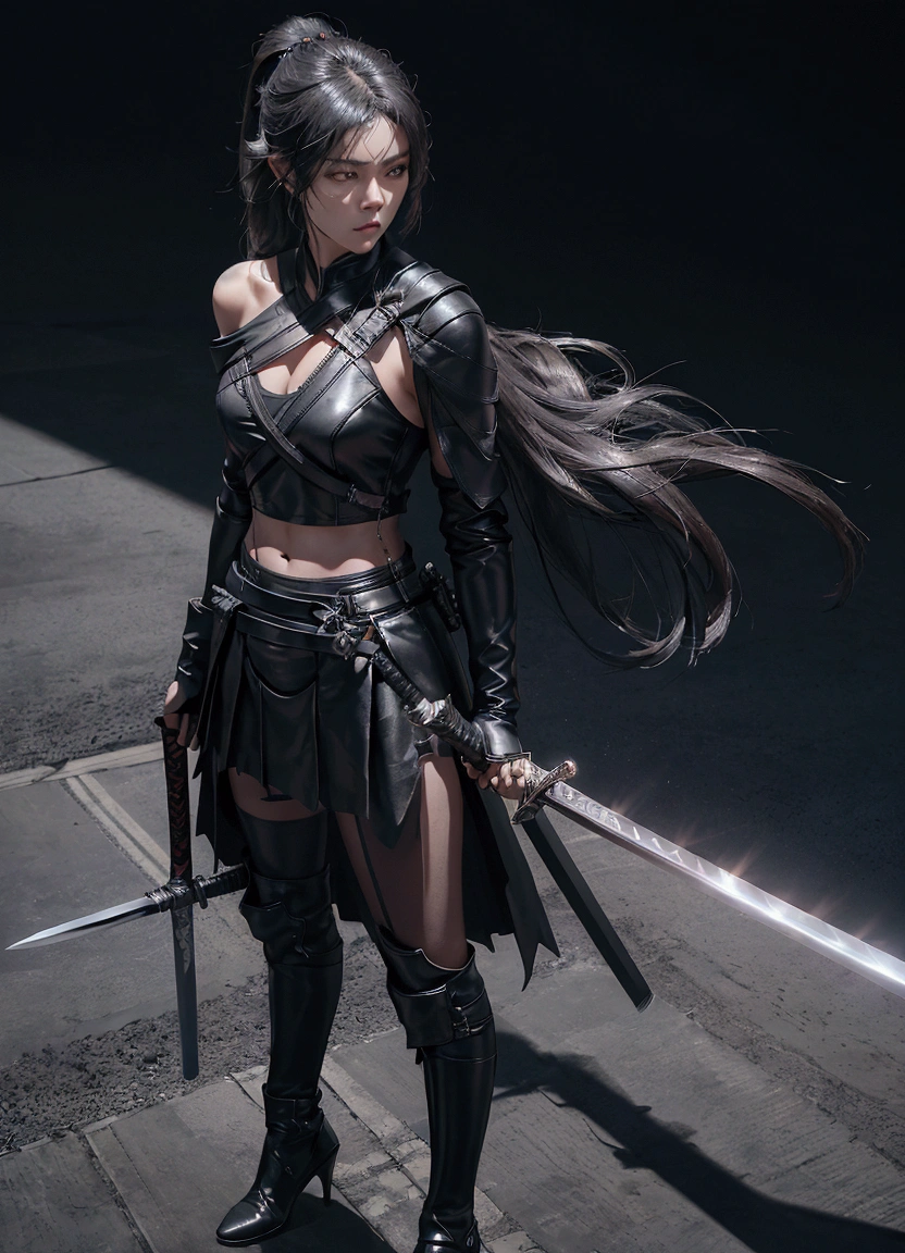 masterpiece, ultra high res, photorealistic, a assassin Girl, wear off shoulder black leather suit, wear black leather skirt, holding a samurai sword, standing in the shadow of dark subway train station, she released her sword fighting pose, low light, shadow effect, photorealism
