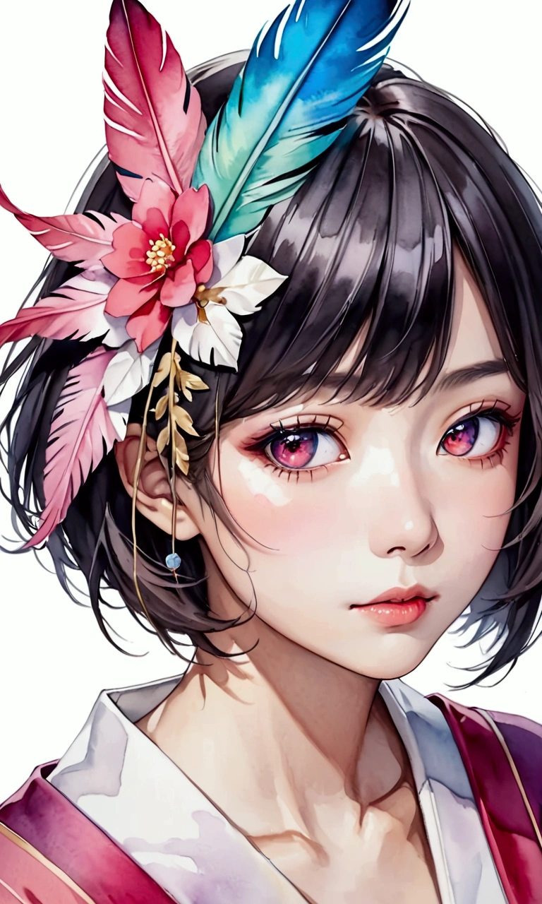 Realistic watercolor painting style, beautiful Japanese woman with short hair wearing feather masquerade around her eyes, zoom in on face