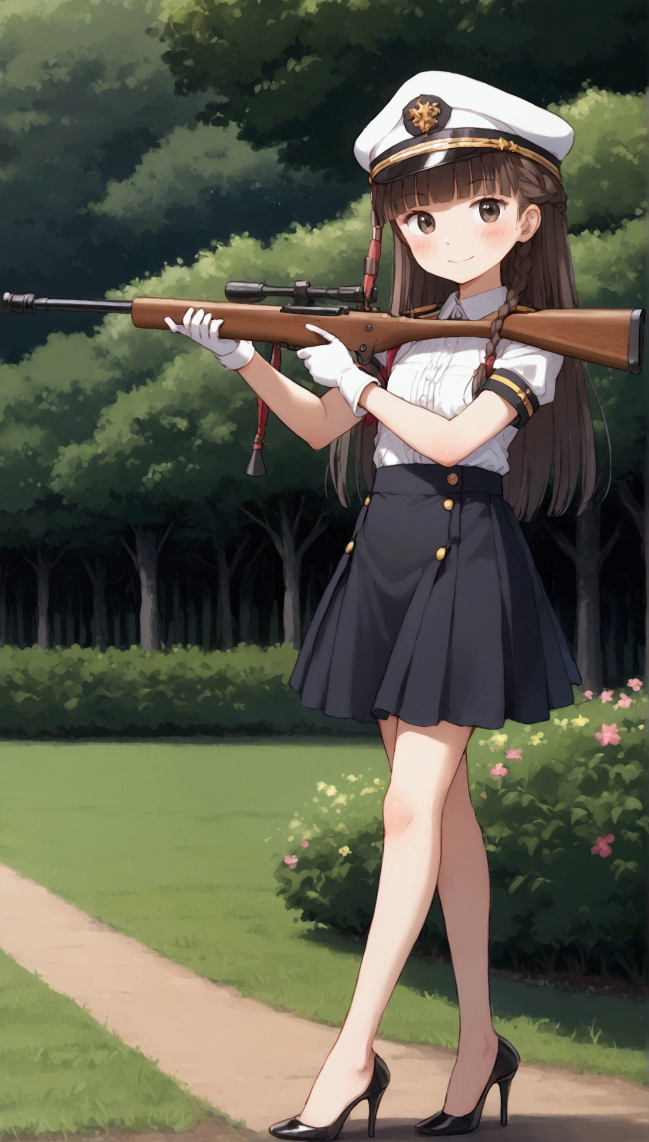 {Highest quality}, {Super beautiful},{Ultra fine},{Best illustration},Brown Hair,Hime cut,long hair,Braid,One woman,Standing Woman,Strike a pose,smile,smilingly,Uniform cap,White Shirt,Short sleeve,Long black skirt,White gloves,at the park,Blushing,Slender,Black stiletto heels,barefoot,from the front,holding a sniper rifle in one hand