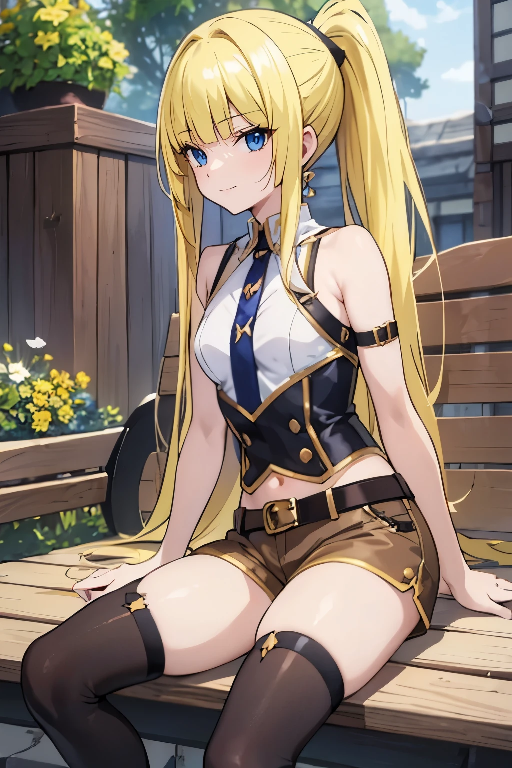 fairy_tail_style, solo, 1 girl, (young female body:1.4), (medium small breasts), golden yellow hair, extra long hair, blunt bangs, crystal blue eyes, very detailed eyes, cowboy shot, detailed eyes, town background, medieval town, fantasy, ponytail, yellow hair, adventuer girl, medieval fantasy, medieval clothes, sitting on a bench, short crop top, brown shorts, belt, stockings, boots