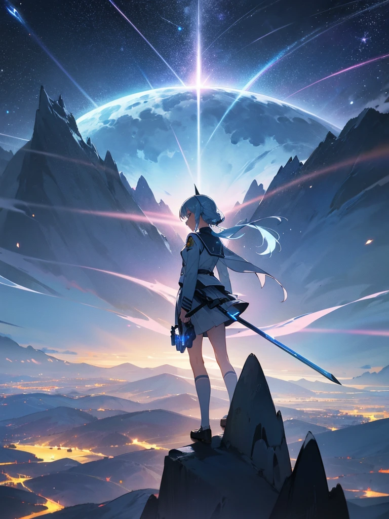 1 girl,Back view,Light gray uniform,skirt,Light blue sword,Mountain,city below,Night Sky,Moon on the top right,Shooting star in the center,A little far from the camera