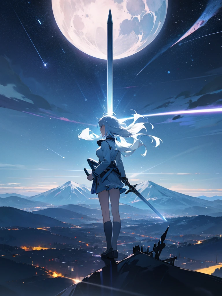 1 girl,Back view,Light gray uniform,skirt,Light blue sword,Mountain,city below,Night Sky,Moon on the top right,Shooting star in the center,A little far from the camera