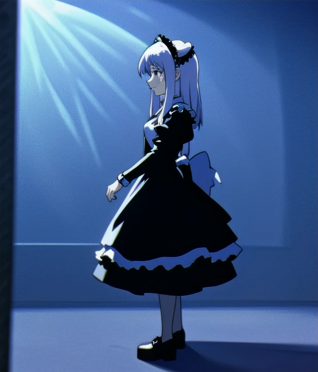 One girl, alone, Maid, black Maid dress, Layered Costume, cross-laced dress, blue eyes, Maid headdress, ((Striped Hair)), Brown Hair, Silver Stripes, Silver Hair, corset, Large Breasts, Mole on cheek, (White Stockings), Platform shoes, Cross-lace shoes, broom, indoor, large room, Warm colors, sunlight, Are standing, smile, return, Super detailed, Highest quality, Highest Resolution