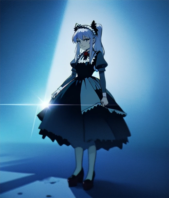 One girl, alone, Maid, black Maid dress, Layered Costume, cross-laced dress, blue eyes, Maid headdress, ((Striped Hair)), Brown Hair, Silver Stripes, Silver Hair, corset, Large Breasts, Mole on cheek, (White Stockings), Platform shoes, Cross-lace shoes, broom, indoor, large room, Warm colors, sunlight, Are standing, smile, return, Super detailed, Highest quality, Highest Resolution