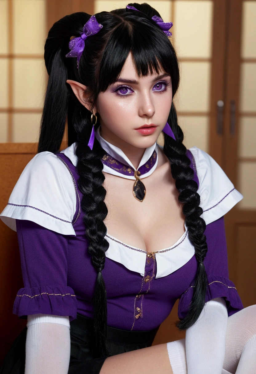 ((Best quality)), ((masterpiece)), (detailed: 1.3), ((ultra, 8k)). Beautiful woman, one girl, very detailed eyes, very detailed hair, very detailed clothes, very detailed face, 20 years old. ((Purple eyes)), ((black hair, twintail hairstyle, straight hair, long bangs)), ((elf ears)), earrings, pale skin, ((thin clothing)), ((white long socks)), large breasts, cleavage, open clothes, thick ass, choker, beautiful eyelashes, eyeliner, sultry eyes, juicy lips, plump lips, soft blush, smooth skin, freckles, natural eyebrows. Posing sexily, provocative, looking at viewer, in love with viewer, cinematic lighting, sitting, spread legs.