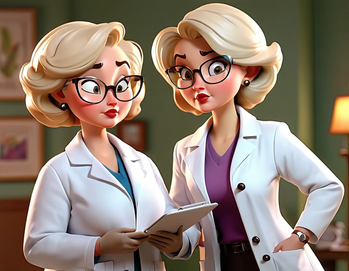 A beautiful plump blonde doctor woman with short hair and glasses big breasts thin waist wide hips in a white coat this woman is talking to another 60 year old woman in a doctor&#39;s office 