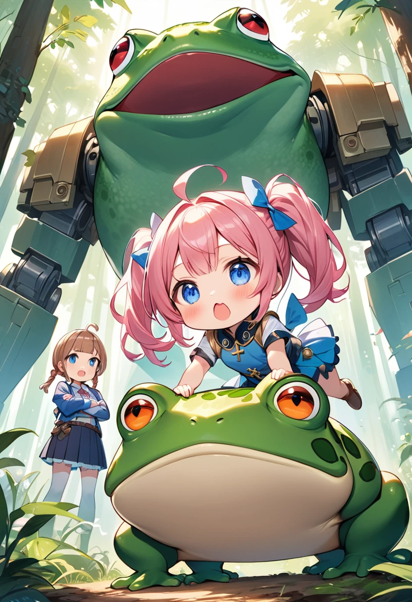 Highest quality、High resolution、Detailed Background、Beautiful face in every detail、Anatomically correct、Detailed facial expressions、fine grain、((full body, from below:1.8, back shot)), break　((Girl and Giant Frog:1.2)、(Chibi Girl:1.2))、Cute hair color、Big beautiful blue eyes、Fuller lips、Pink Lips、Braided twin tails、Ahoge、(A girl is talking to a frog:1.2)、(Cute sleeveless summer clotheini skirt、Cute sneakers)、break　((Spread your legs、Stand with your back straight、((Cross your arms:1.2))))、(Get angry、Close your mouth、Determined look:1.2)、break　(The background is an ancient ruin、in the forest、((Evil-looking giant robot frog:1.2)))