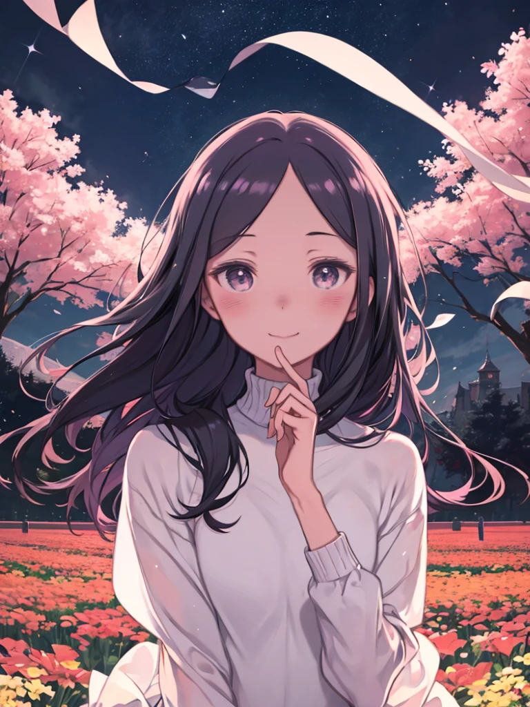One Girl、Utena、Hiiragi Utena、utena、Black Hair、Bob Hair、Medium Long Hair、Droopy eyes。smile、blush、Turtleneck sweater、Long skirt、Put your hands together、Watching the audience、Upper Body、flower bed、Flower Field、
