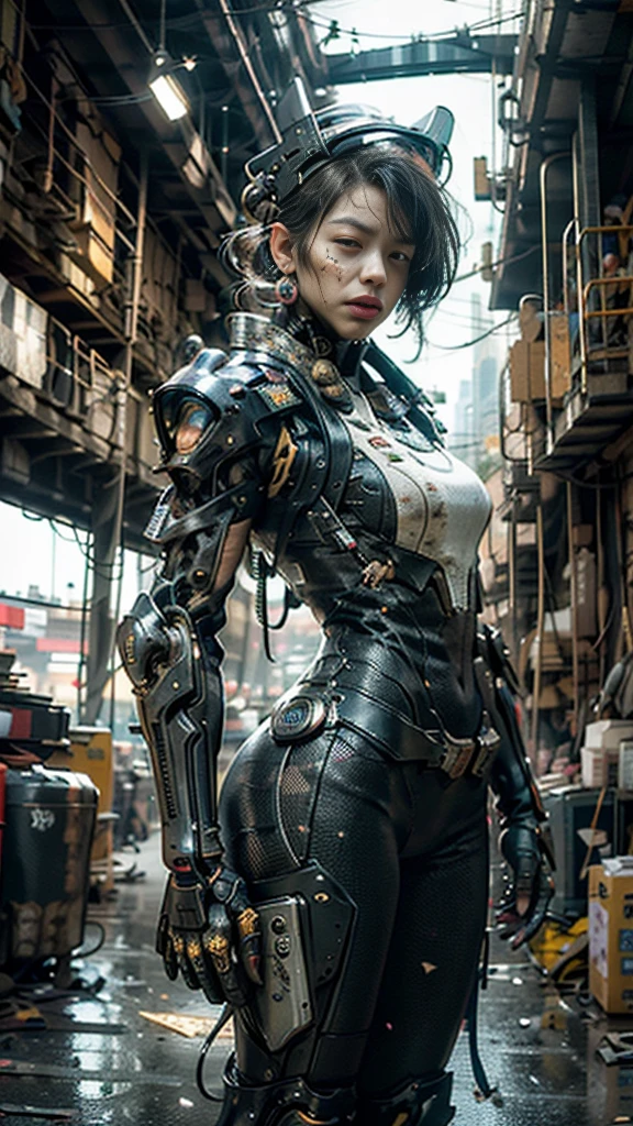 ((best quality)), ((masterpiece)), ((realistic)), (detailed), (photo-realistic:1.5), futuristic girl, (thick body), (white bodysuit), lights on armor, cybernetic headwear, looking at viewer, dynamic pose, post-apocalyptic, destroyed city background, buildings on fire, sci-fi, high resolution, ray tracing, nvidia, super resolution, unreal 5, subsurface scattering, pbr texturing, post processing, anisotropic filtering, depth of field, best sharpness and clarity, rule of thirds, 8k raw, (luminous particles:1.4), (extremely detailed cg, unity 8k wallpaper, 3d, cinematic lighting, lens flare), reflection, sharp focus, cyberpunk art, cyberpunk architecture, moisturized skin, realistic body, (16 years old), (girl), earrings, (cute face), vivid colors, bokeh, stimulating atmosphere, unique encounters, playful interactions, lively crowds, wind blowing, fantastic, dynamic, (selfie), (fisheye lens), neon, cyberpunk movie, cyberpunk city, fight, war, lightning,