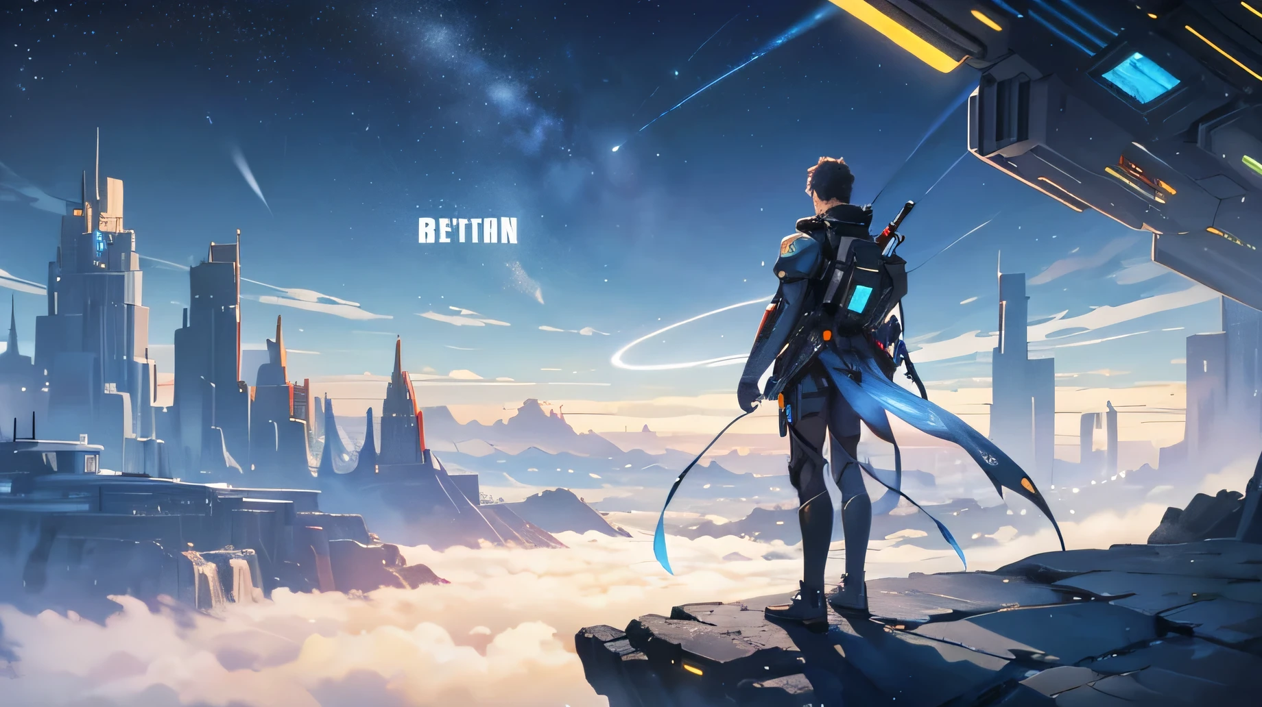 futuristic city,A man standing on a hill looking at a planet, In front of the Sci-fi city landscape, Science Fiction Fantasy, Macro,deeper into the metaverse we go, Space Opera and Dystopia, future world, Sci-fi world, In the fantasy Sci-fi city, Sci-fi city, Depicted as a science fiction scene, masterpiece,Exquisite,Light atmosphere,Alien City, planetary city,9:16,