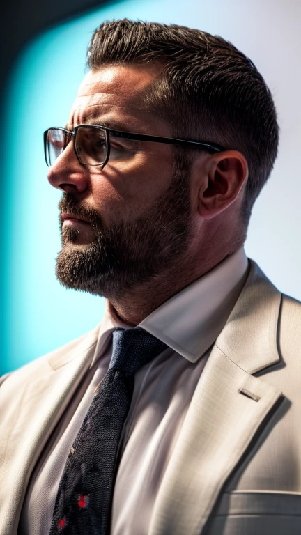 An award-winning original photo，A wild muscular man, (40 years old daddy:1.1), 1boy, Solo, (black suit), (white dress shirt), (black print necktie), (big shoulders), musculature, stubbles, Short beard, (Detailed body), realistic eyes, wearing glasses, deadpan, chin up, (looks intimidating), looking at viewer, dark lighting, (Best quality, A high resolution, Photorealistic), Cinematic lighting, Masterpiece, RAW photo, Intricate details, hdr, depth of field, upper body shot, (realistic:1.2), (from the front and from below)