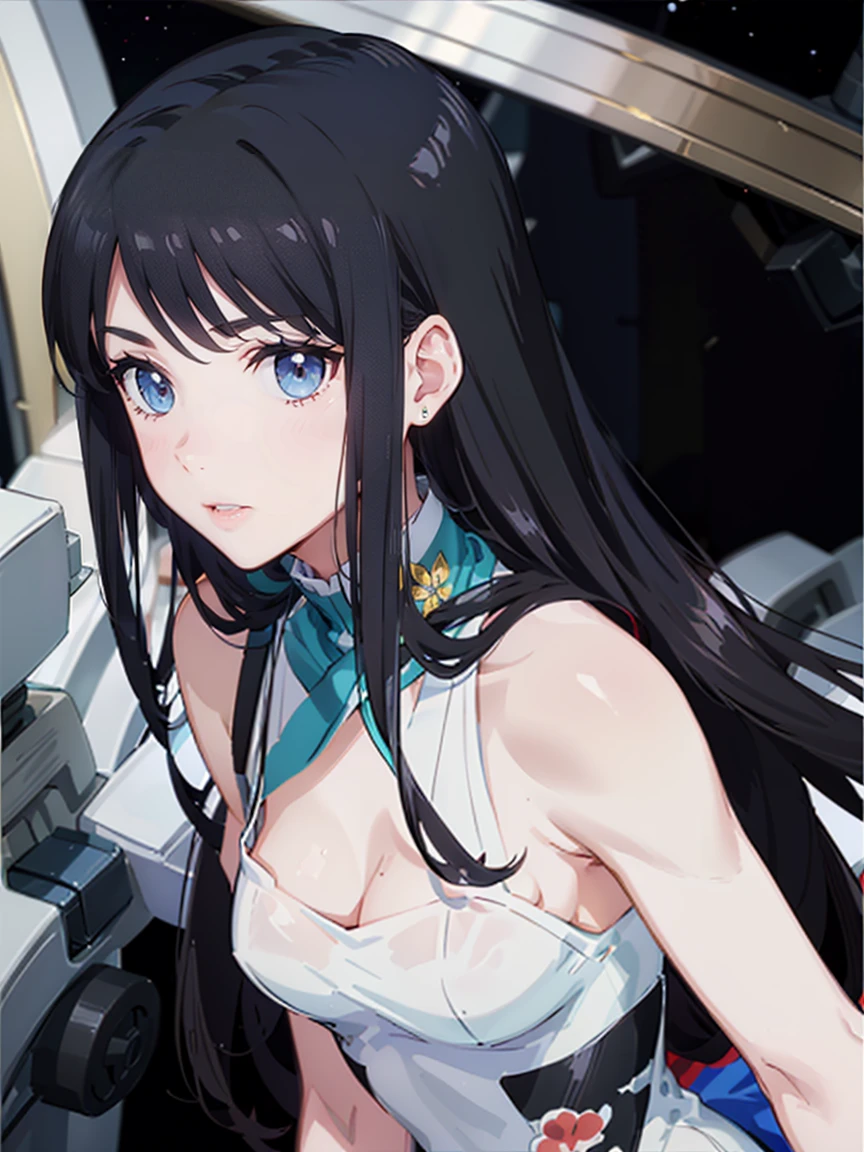 (((High resolution:1.5))), (((Very detailedな:1.5))), ((7Head to Body:1.3))、 (((universe space))),(((Slanted Eyes、slant eyes、 narrow eyes:1.6)))、(((Beautiful and detailed eyes:1.3))), (((Very detailed))), (((Details face:1.5))), (((Very delicate body:1.5)))、(((Narrow shoulders:1.5)))、(((Mid-chest:1.5)))、(((Waist:1.5)))、(((thigh gap:0.7))),((Gray Hair:1.4)))、(((twintales:1.5))),(((Normal limbs)))、((Spacesuit:1.5)),((Kitagawa Keiko:1.3))、Girl sitting、