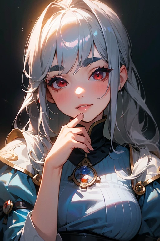 (Highest quality, masterpiece:1.2), High resolution, 最高masterpiece、Very detailed, Realistic:1.37, Fantasy, An illustration,Gray Hair、 Red eyes、Queen, Navy and blue dress、beautifully、Eyeshadow Red、Thick eyebrows、Long eyelashes、pupils are black、shiny on the lips、Top Sites、Queen、Princess、A kind smile、Soft impression、Be loved by people、Slimming the face、Shoulder Bare、ponytail、Kissing Face、Long white hair、Shaggy Bangs、(Save face image).Cinderella Castle、(alone).((目を閉じてKissing Face)).((solo)).