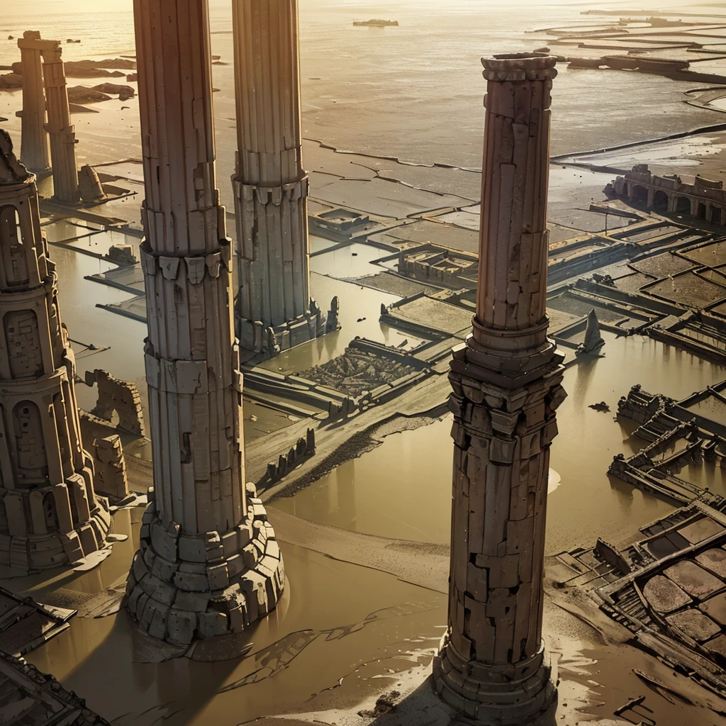 Best illustrations、Best Quality、(No humans、Background only)、((((Sea of mud、Brown Sea、ancient ruins、Ancient pillar))))、From above at an angle