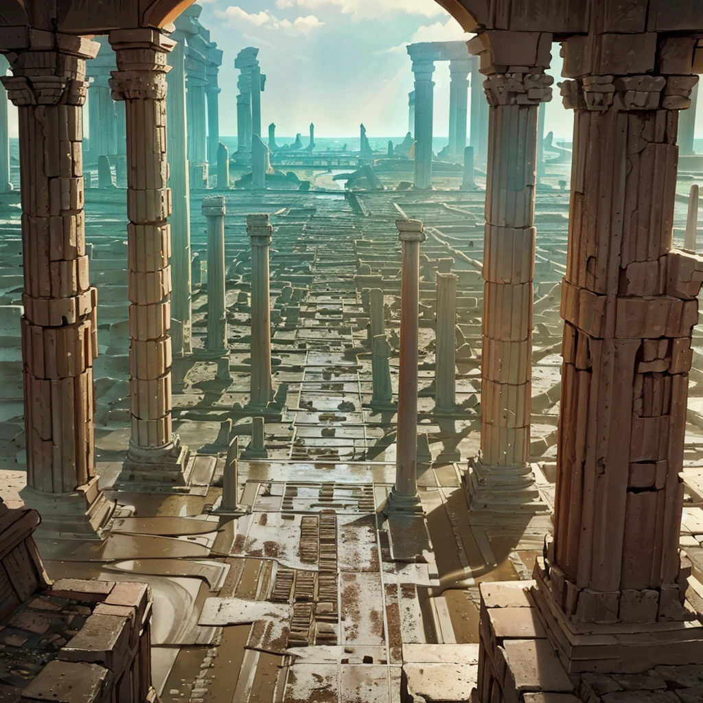 Best illustrations、Best Quality、(No humans、Background only)、((((Sea of mud、Brown Sea、ancient ruins、Ancient pillar))))、From above at an angle