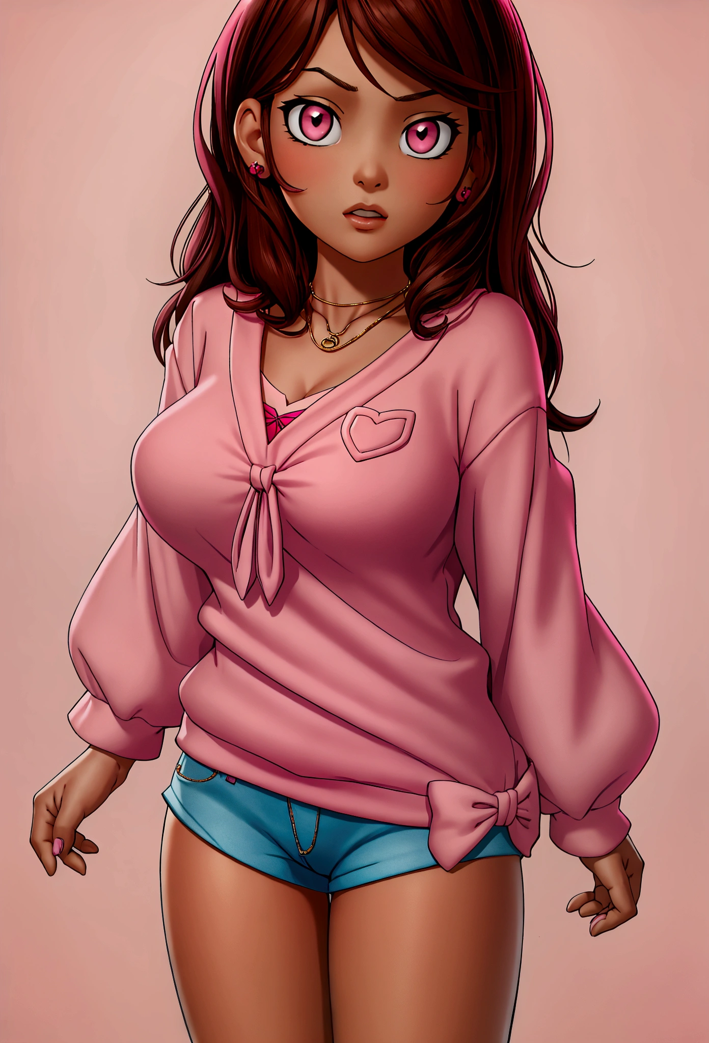 morena sexy, neckleace, brown hair with pink bangs, pink eyes, wearing a shirt, wearing short shorts, Waifu