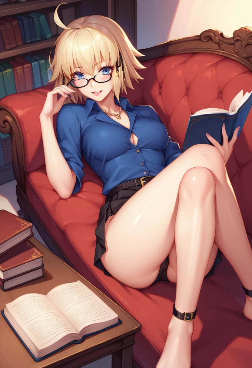 1 girl, Jeanne D Arc, Fate Grand Order, laying on back, laying on couch, legs crossed, reading a book, causal outfit, glasses