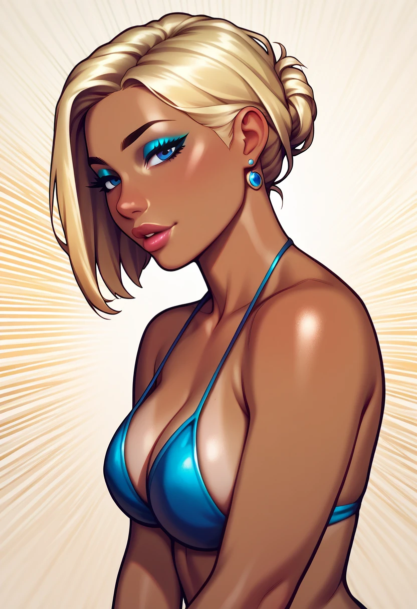 score_9, score_8_up, score_7_up, score_6_up, score_5_up, score_4_up, BREAK 1girl, intricate, bikini , (eyeliner:1.2), looking at viewer, bob hairstyle, blonde, brown skin, jewelry, detailed background, breasts (masterpiece, high quality:1),