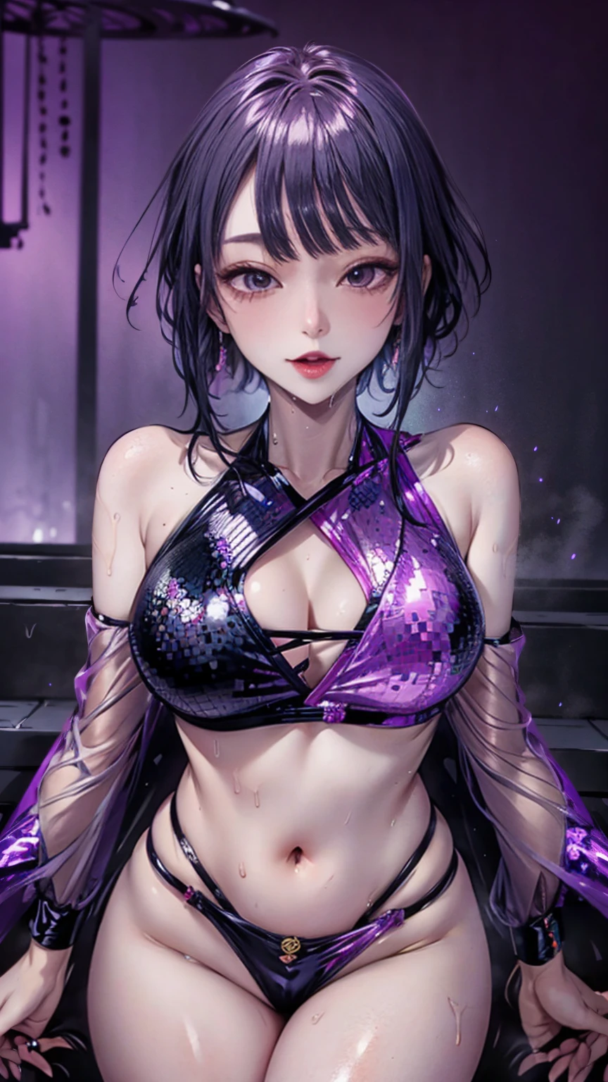 1 girl, smile, Wide Hips, Huge , Excellent asset quality, 8k, The pieces fly: 1.3), Clear focus: 1.2, Perfect Body Beauty: 1.4, Thin abdominal muscles: 1.2, Highly detailed face and skin texture, Beautiful Eyes, double eyelid、Long wet black hair), (Wet body :1.Purple high waisted sequined bikini :1.3), In the pool, (At night), Neon Light、Yui Asian 、(((Black hair color、Earrings、Ear Cuff))), (((Breathless face、orgasm、Ahegao、Open your mouth, Sticking out tongue and drooling)))、Narrow waist、Big and beautiful legs、