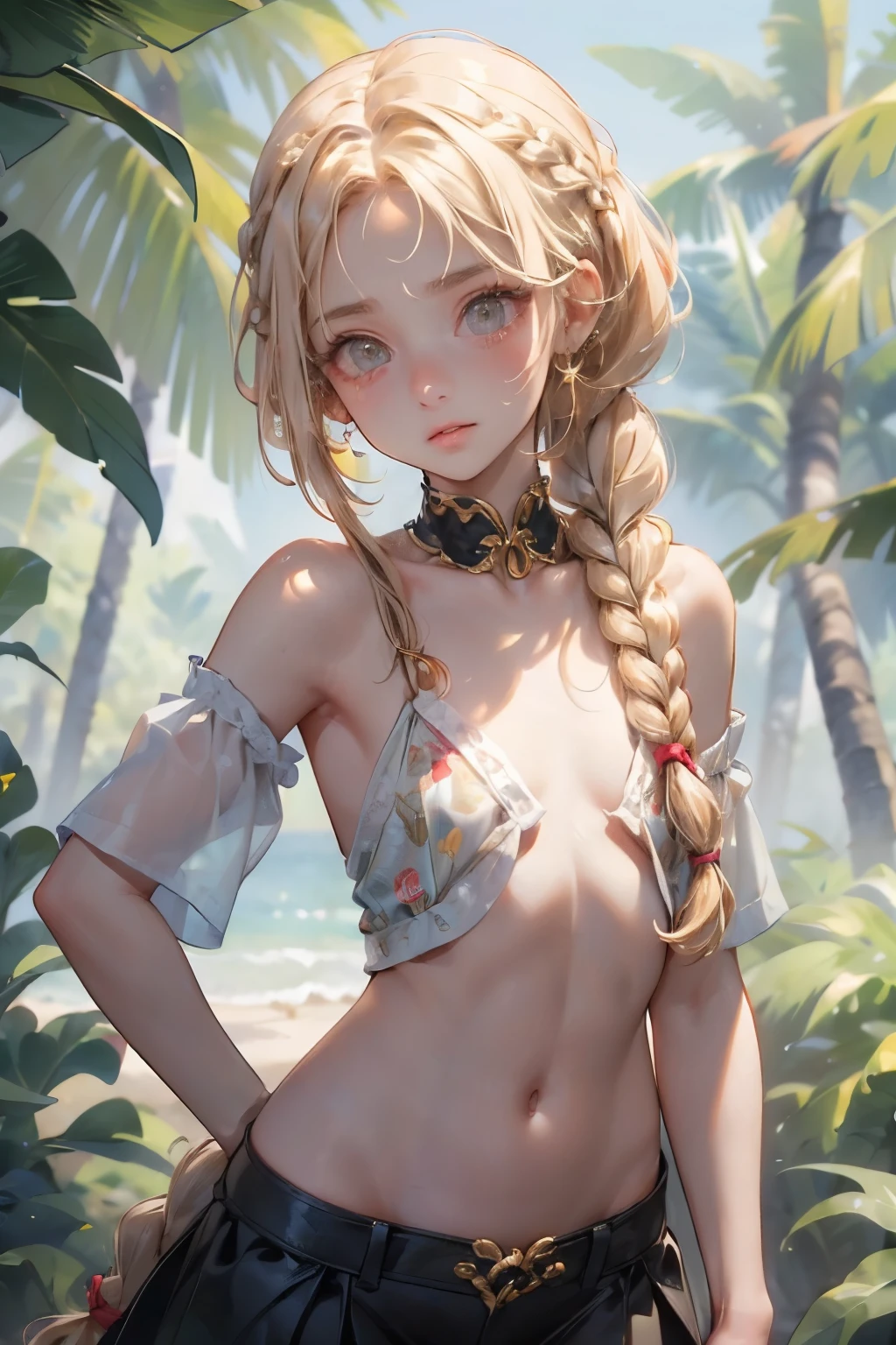  ((best quality)), ((masterpiece)), (detailed), 1girl, (big forhead:1.2),extremely detailed cute anime face, (((flat chest))), (flat chest:1.1),((((long twin braids,tight braids,long braid,braided hair,long hair)))),intricate eyes,beautiful detailed eyes,symmetrical eyes,(((detailed face))),beautiful detailed lips, looking at this, (((embarrassed))),(horrified expression),(panic),(crying),highres,(best quality),(ultra detailed,extremely detailed),perfect face details, ((masterpiece:1.4, best quality))+, (ultra detailed)+, long twintails, cute girl, (flat chest:1.1), small breasts, slim body, skinny, narrow hips, prominent collarbones, skinny arms, flat stomach, visible hip bones, long hair, red hair, white hair, blonde hair, dark hair, ponytail, thick ponytail, heavy ponytail, small breasts, perfect face, small breasts (flat chest:1.1), NSFW, long revealing gown,Detailed body，Full limbs，from behind, turning round, NSFW, (flat chest:1.1), wild environment, jungle, nature 