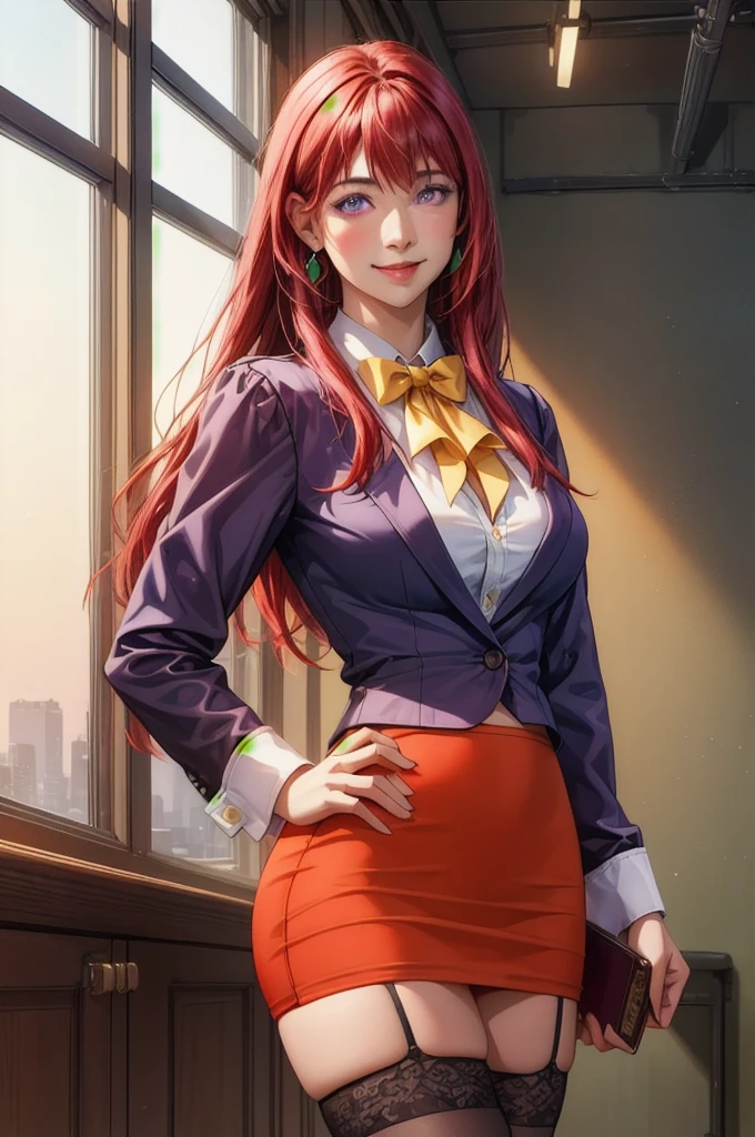 (high quality:1.2), intricate detailed, digital art,
TakashiroHiroko, 1girl, mature female, solo, hand on hip, holding book, cowboy shot,
looking at viewer, smile, blush,
purple eyes, long hair, red hair, earrings, jewelry,
teacher, unbuttoned blouse, yellow bowtie, blazer, pencil skirt, thigh highs, garters
curvy, large breasts, cleavage
school, window, sky, sunlight, city, complex background, sunset,