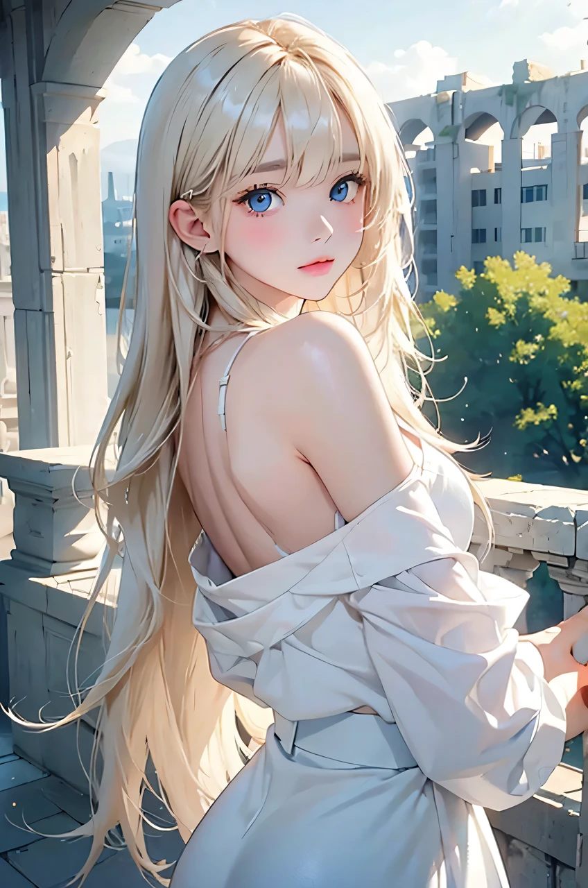 Beautiful white and shining skin、Blonde hair changes color depending on how the light hits it.、Long bangs obstruct the view、Highlights of cheek luster、Sexy, very beautiful, adorable, cute, gorgeous face、The most beautiful face in the world、Super long and gorgeous blonde hair、Smooth straight hair、big, light blue eyes shimmering、Beautiful Bangs、Beautiful and cute 16 year old girl、look back、small breasts, cleavage, from backside:1.4, background:GB, ruins

