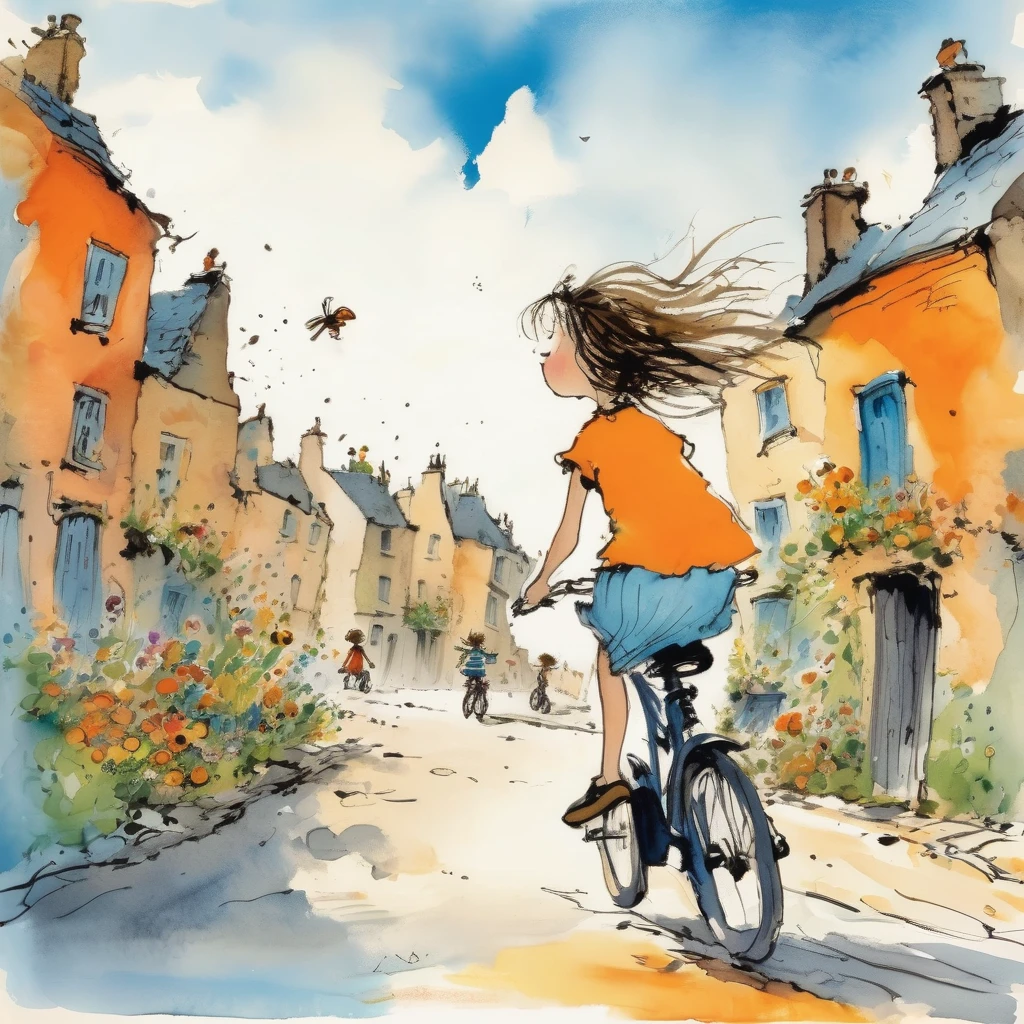 Quentin Blake Style, girl riding a bicycle through the cobblestone city, top quality, masterpiece, happy, smiling, hair blowing in the wind, orange t-shirt, skirt, colorful houses on the side, potted flowers on the side of the road, children playing on the roadside, blue sky,