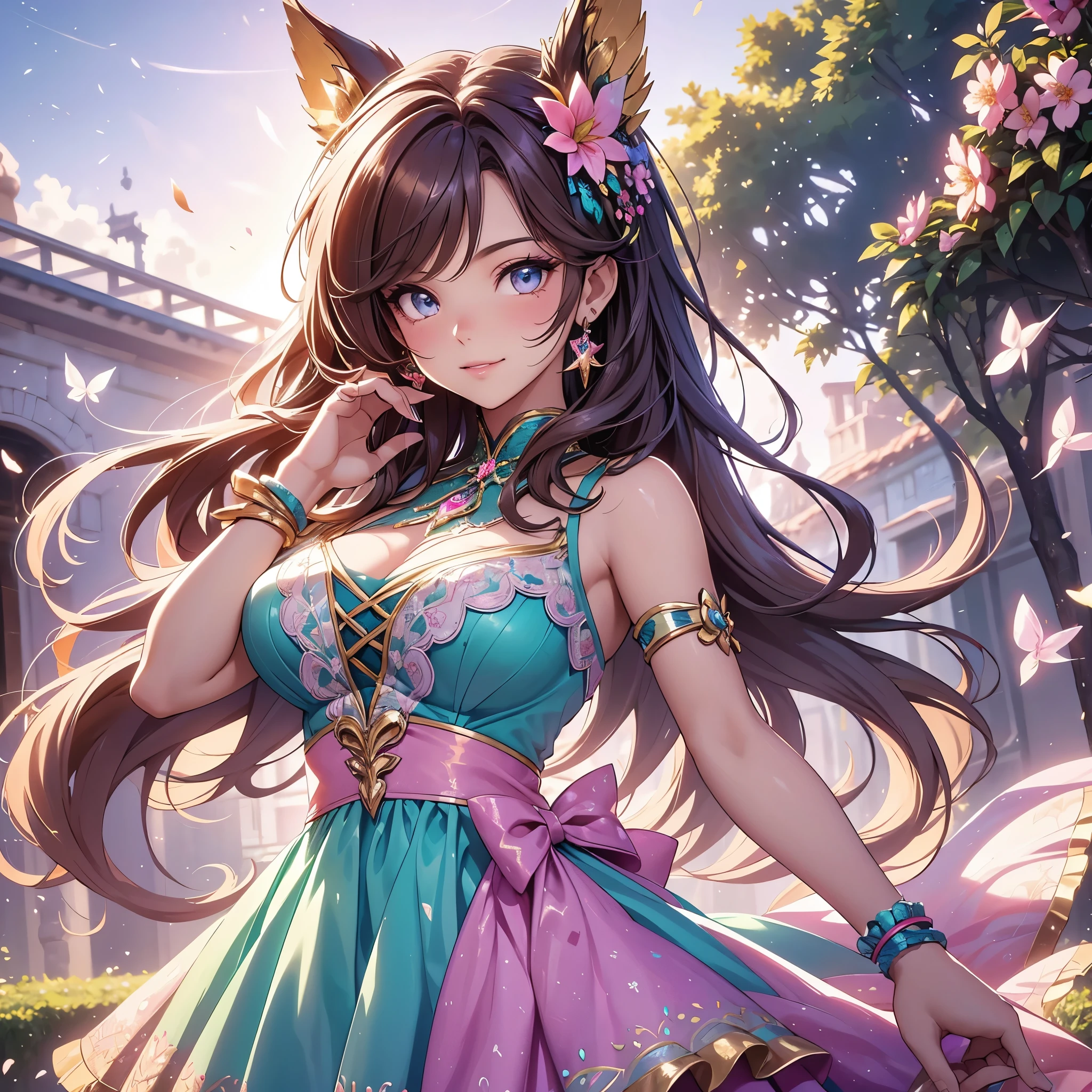 (best quality,4k,8k,highres,masterpiece:1.2),ultra-detailed,(realistic,photorealistic,photo-realistic:1.37),acrylic painting,beautiful Brazilian model in a Lolita dress with downy hair,beautiful Brazilian model with extremely colorful brown hair and detailed facial features,beautiful Brazilian model standing in a beautiful garden surrounded by a starry sky,brown hair,beautiful Brazilian model wearing a vibrant pink and teal Lolita dress,beautiful Brazilian model with intricate accessories,cat ears,beautiful Brazilian model posing gracefully with her hands on her hips,beautiful Brazilian model with long flowing twintails,beautiful Brazilian model with bright blue eyes and rosy lips,beautiful Brazilian model with a joyful expression,beautiful Brazilian model in a dynamic pose with cherry blossoms falling around her,beautiful Brazilian model surrounded by colorful flowers and butterflies,beautiful Brazilian model's dress adorned with cute bows and lace details,beautiful Brazilian model with an enchanting smile,beautiful Brazilian model with soft, pastel-colored shading,beautiful Brazilian model with a magical glow illuminating her,beautiful Brazilian model in a picturesque setting with a winding path leading to a magnificent castle,beautiful Brazilian model with a fairytale-like background,beautiful Brazilian model with a soft, dreamy atmosphere,beautiful Brazilian model with a subtle bokeh effect,beautiful Brazilian model standing under a sun sky,beautiful Brazilian model with a warm, golden sunset in the background,beautiful Brazilian model surrounded by twinkling stars and colorful nebulae,creating an ethereal and captivating artistic masterpiece, normal pose.