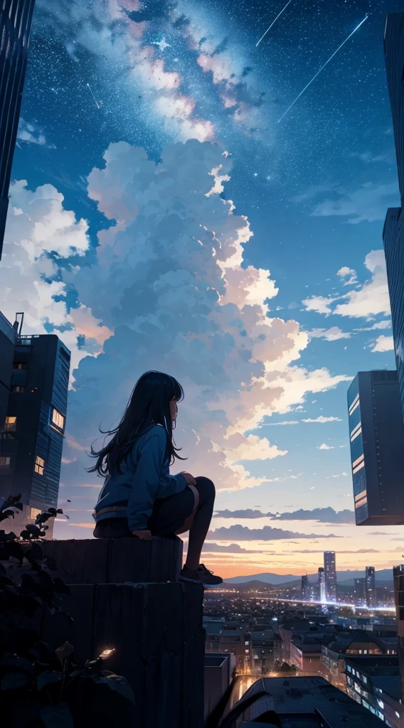 octans, sky, star (sky), scenery, starry sky, night, 1girl, night sky, solo, outdoors, building, cloud, milky way, sitting, tree, long hair, city, silhouette, cityscape